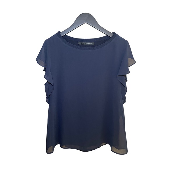 Zara Woman Tops - Navy Blue Top Women's Medium Zara Chiffon Blouse Minimalist Office Careercore